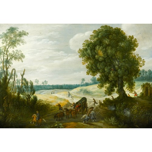 A Landscape with a Convoy on a Wooded Track under Attack